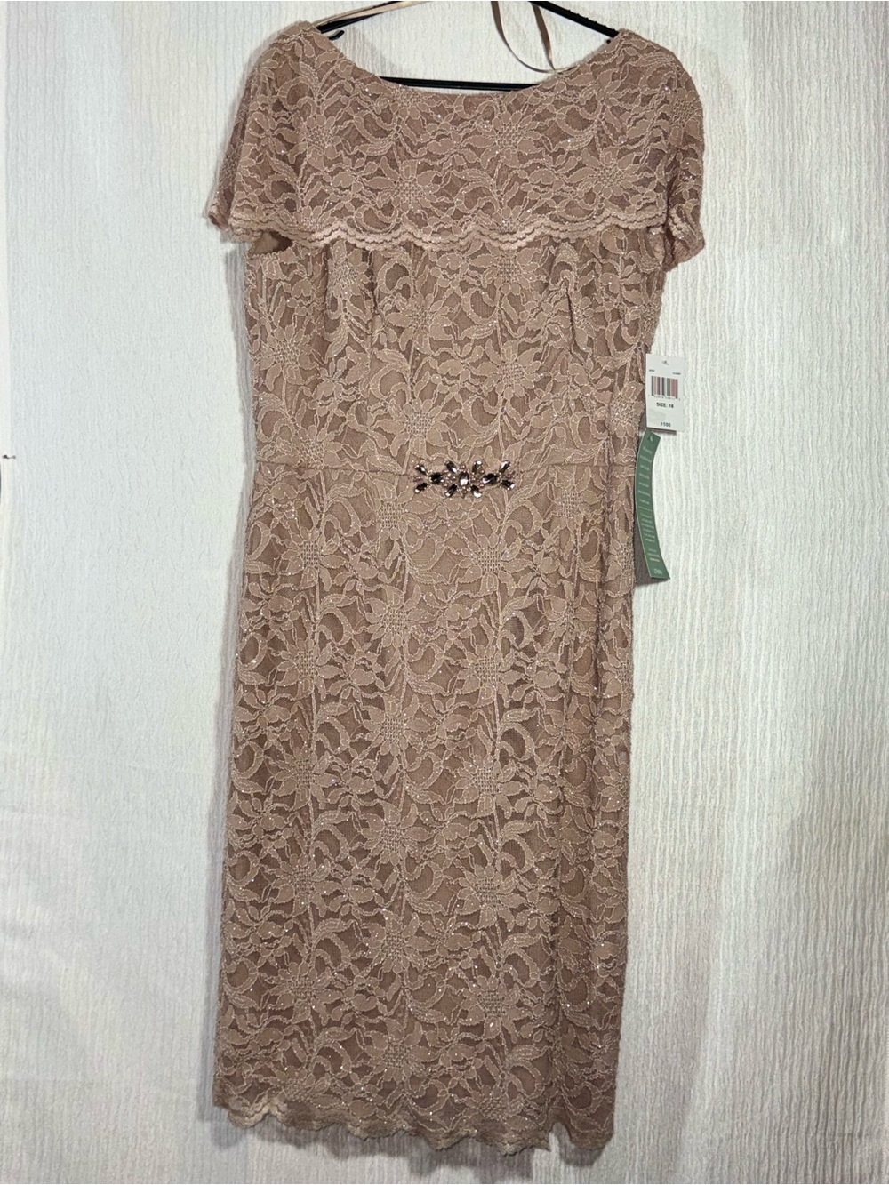 Taupe Lace Midi Dress with Decorative Waist Accent